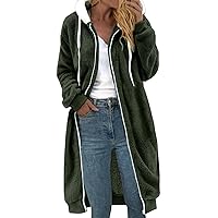 Women's 2023 Winter Coats Fuzzy Fleece Outerwear Oversized Full Zip Up Jackets Warm Thick Long Jacket Hooded Overcoat