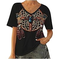 Western Shirts for Women Vintage Feather Owl Graphic Tees Native American Tops Summer Short Sleeve V Neck T-Shirt