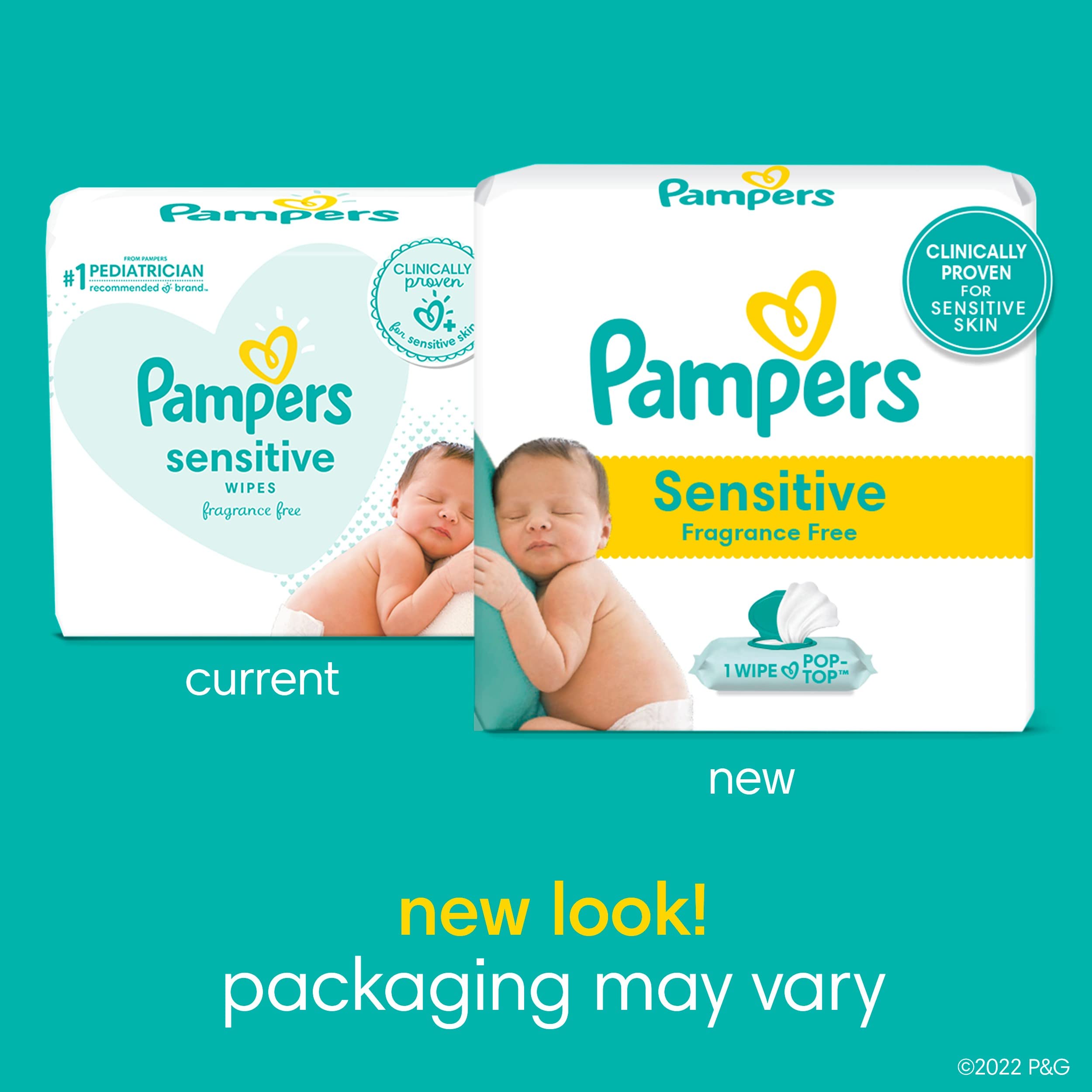 Baby Wipes, Pampers Sensitive Water Based Baby Diaper Wipes, Hypoallergenic and Unscented, 8 Pop-Top Packs with 4 Refill Packs for Dispenser Tub, 864 Total Wipes (Packaging May Vary)