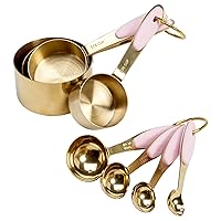 Measuring Cups and Spoons Set, Stainless Steel with Pink Silicone Inset Handle, Dishwasher Safe, For Dry and Liquid Ingredients, 8-Piece Set, Gold and Pink