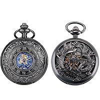 SIBOSUN Mechanical Pocket Watches Mens Lucky Phoenix and Dragon Skeleton Pocket Watch Black Antique Roman Numerals Box