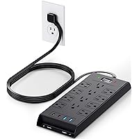 Flat Plug Power Strip 10Ft Long Extension Cord, LeZone 4800J Surge Protector, 12 Outlets 2 USB C 2 USB Ports, Wall Mountable, PD20W Desk Charging Station, Black