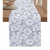 Spring Pastoral Floral Table Runner 90 Inches Long for Dining Table, Washable Cotton Linen Farmhouse Table Runners Dresser Scarf for Kitchen Party Holiday Purple Chrysanthemums Plants