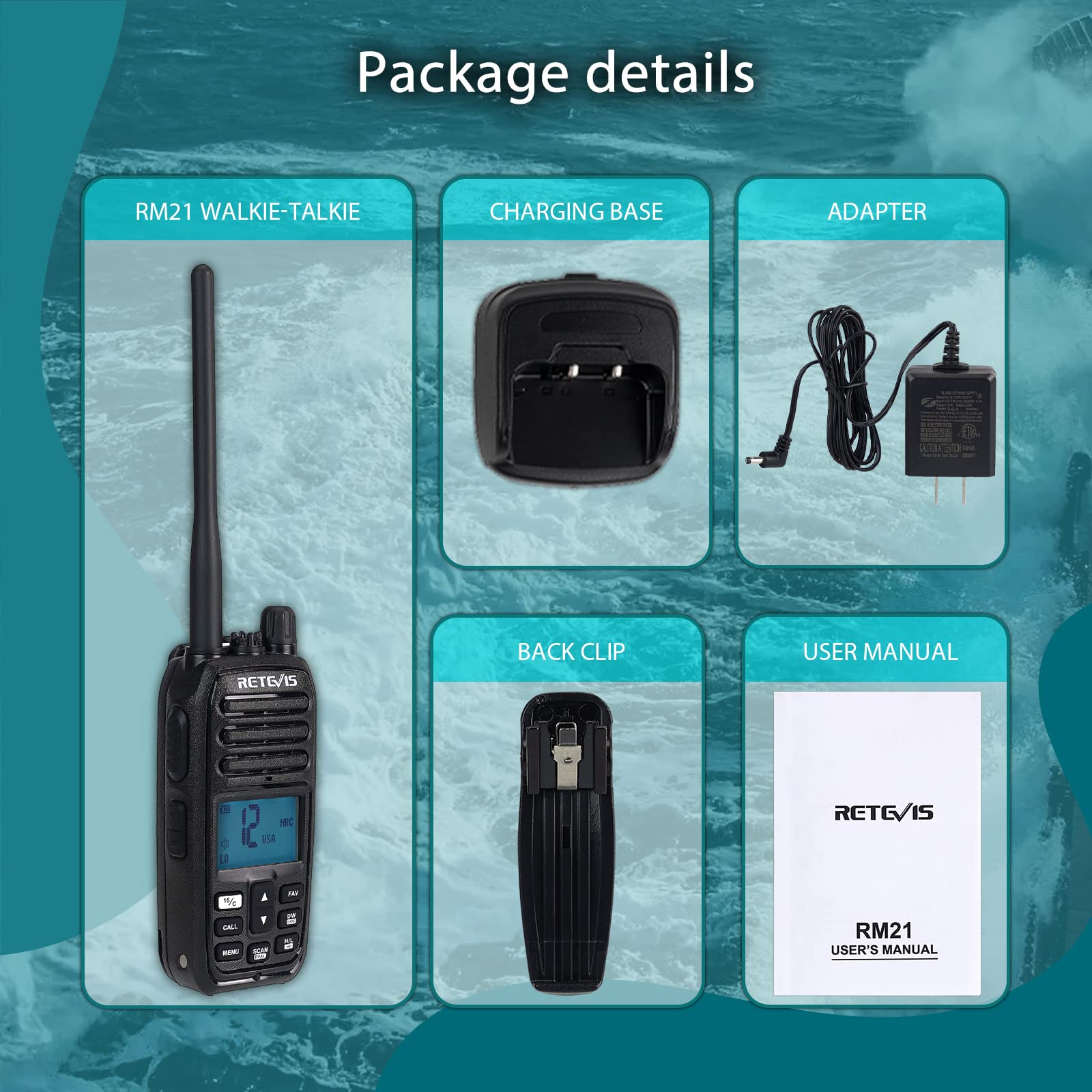 Retevis RM21 Marine Band Handheld Radio,Marine Two-Way Radios,Active Noise Cancellation,Suppress Background Noise,Ship to Shore Radio for Jet Ski