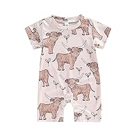 Gueuusu Baby Boy Girl Country Clothes Western Cow Print Romper Short Sleeve Crewneck Jumpsuit One Piece Infant Summer Outfit