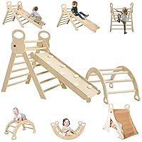7 in 1 Pikler Triangle Set, Foldable Toddler Climbing Toys with Sliding Ramp & Climbing Arch Ramp, Wooden Montessori Climbing Set with Tent, Indoor Playground Jungle Gym for Kids Age 2-6 Years