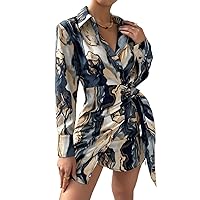 Women's 2023 Summer Dress Allover Print Knot Side Wrap Shirt Dresses with Pocket