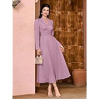 Women's Dress Surplice Neck Ruched Front Dress Women's dressEVEBABY (Color : Mauve Purple, Size : Large)