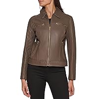 Cole Haan Womens Diamond Quilted Sleeve Shirt Collar Leather Coat