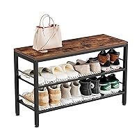 Shoe Bench, 3-Tier Shoe Rack, 31.5 Inches Entryway Bench with Metal Mesh Shelves and Rustic Brown Seat, Industrial Shoe Rack Bench for Enreyway, Living Room, Mudroom, Hallway