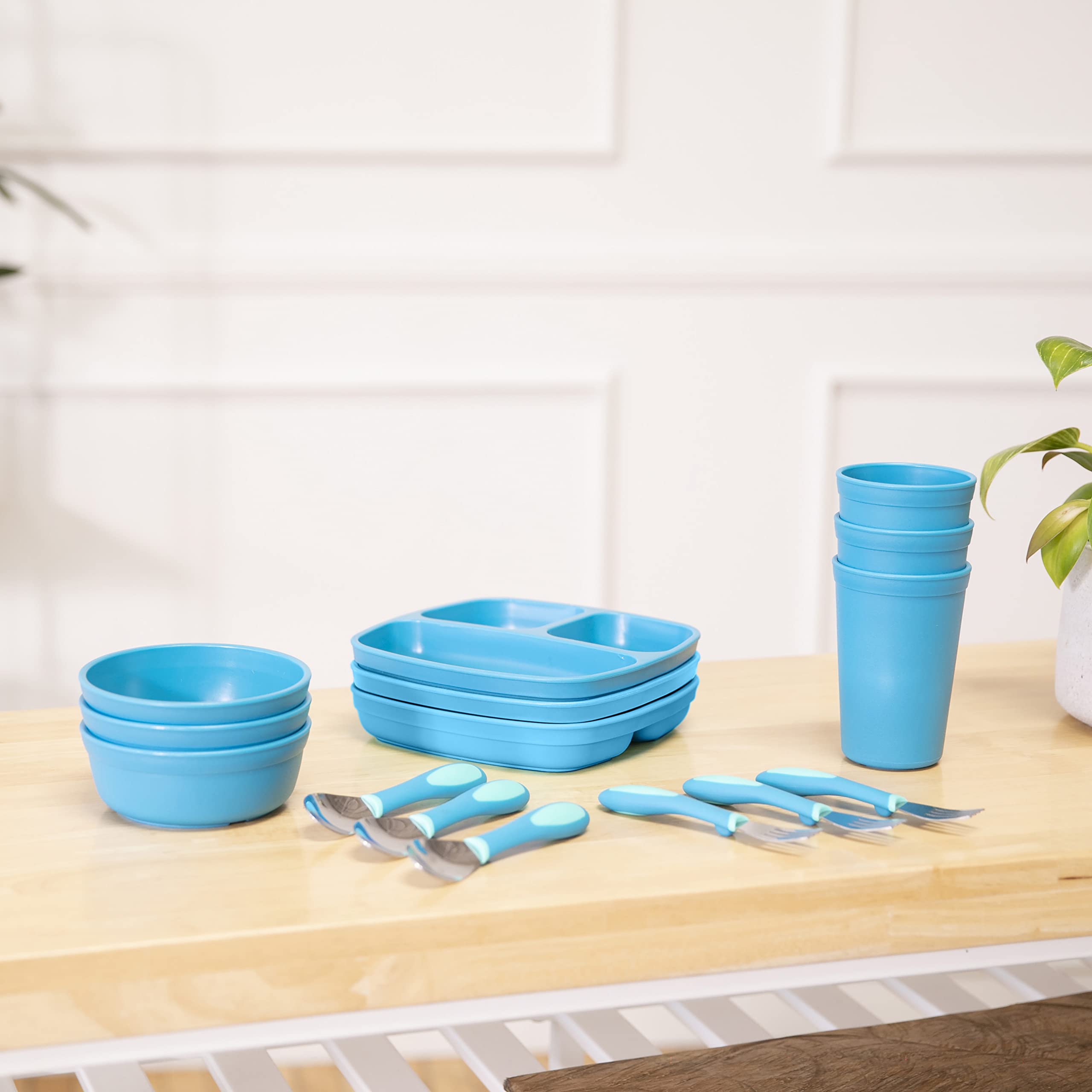 ECR4Kids My First Meal Pal Combo Set, Kids Plastic Tableware and Utensils, Children's Divided Plates, Bowls, Cups, Stainless Steel Spoons and Forks, Stackable and Dishwasher Safe, 15-Piece - Teal