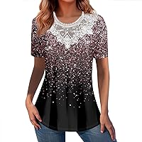 Womens Tunic Tops Short Sleeve Casual Lace Crochet T-Shirts Vintage Floral Print Blouses Trendy Crew Neck Summer Tops