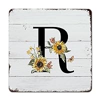 Tin Sign Monogram Initial R Metal Wall Art Alphabet Sunflower Floral Butterfly Decorative Wall Art Family Inital Wildlife Flower 10x10in Retro Poster Art Design for Bar Home Coffee Man Cave