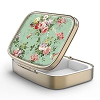 Pill Case Pill Box with Mirror Retro 2 Compartment Small Pill Case for Purse or Pocket Bronze Rectangular Pill Box or Vitamins, Fish Oil, Supplements, Pill Containe Travel Gifts（Retro Green Floral）