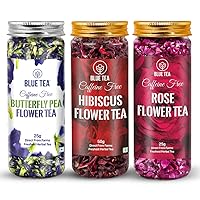 BLUE TEA - Herbal Tea Combo - Rose Tea (0.88 Oz) + Butterfly Pea Flower Tea (0.88 OZ) + Hibiscus Tea (1.76 Oz) | Antioxidant | Caffeine-free - Gluten- free GMO Free