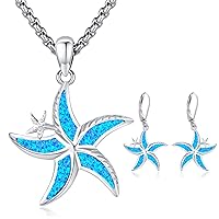 Starfish Necklace and Earrings Sterling Silver Blue Opal Sea Animal Starfish Jewelry Set Gift