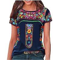 2023 Women's Mexican Embroidered Tees Ethnic Style Tops Summer Short Sleeve Boho Floral Print Tunics Blouses