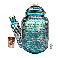 Pure Copper Hammered Water Storage Tank Pot 7 Liter Capacity With Tumble and Copper Bottle