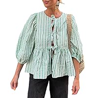 Women Striped Tie Front Tops 3/4 Puff Sleeve Peplum Tops Shirt Y2K Cute Ruffle Babydoll Tops Going Out