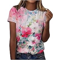 Womens Summer Tops Floral Print Round Neck Short Sleeve Cute Tshirts Causal Loose Fit Comfy Basic Beach Tee Tops