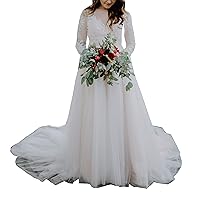 Melisa Women's Crewneck Lace Sequins Wedding Dresses 2023 with Long Sleeve Train Plus Size Bridal Ball Gowns
