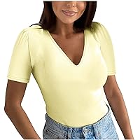 Womens Sexy Deep V Neck Ribbed Tops Fashion Puff Sleeve Tunic Shirts Summer Casual Slim Fit Solid Color Blouses