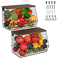 2pcs Fruit Basket Onion Storage Wire Baskets with Wood Lid, Multifunctional Stackable Wall-mounted & Countertop Tiered Kitchen Counter Organizer for Snack,Produce,Onion and Potato Storage Bins