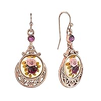 1928 Jewelry Women's Rose Gold Tone Manor House Purple & Pink Rose Flower Amethyst Crystal Drop & Dangle Earrings