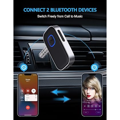 COMSOON Bluetooth 5.0 Receiver for Car, Noise Cancelling Bluetooth AUX Adapter, Bluetooth Music Receiver for Home Stereo/Wired Headphones, Hands-Free Call, 16H Battery Life - Black+Silver