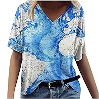 Workout Tops for Women, Womens World Map V-Neck Short Sleeve T-Shirt Vintage Pattern Print Oversized Loose Casual Top