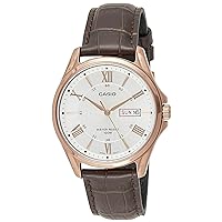 Casio #MTP1384L-7AV Men's Rose Tone Leather Band Day Date Roman Silver Dial Watch