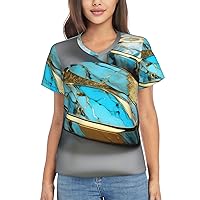 Turquoise Marble Women's T-Shirts Collection,Classic V-Neck, Flowy Tops and Blouses, Short Sleeve Summer Shirts,Most Women