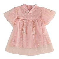 Toddler Girls Short Sleeve Tulle Dress Floral Prints Tassel Dress Princess Dress Clothes Baby Girl Dress