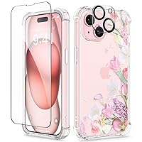 GVIEWIN 3 in 1 Designed for iPhone 15 Plus Case 6.7 Inch, with Screen Protector + Camera Protector Clear Flower [Not-Yellowing] Shockproof Women Slim Phone Cover, 2023 (Stunning/Pink)