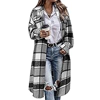 CHICZONE Womens Casual Lapel Button Down Long Plaid Shirt Flannel Shacket Jacket Tartan Trench Coat Gray L