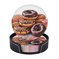 Donuts Chocolate Printed Drink Coasters with Holder Leather Coasters Set of 6 Tabletop Protection Decorate Cup Mat for Coffee Table Bar Kitchen Dining Room