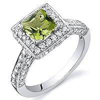 PEORA Peridot Promise Ring in Sterling Silver Ring, Vintage Halo Design, Princess Cut, 5mm, 0.75 Carat total, Comfort Fit, Sizes 5 to 9