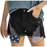4th of July Women Ripped Denim Shorts Summer Frayed Rolled Hem Stretch Shorts Button Fly Star Stripe Patriotic Jean Shorts