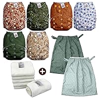 Mama Koala 2.0 Baby Cloth Diapers with 6 Inserts Bundle(Neutral Leaves), with 2 Pack Reusable and Washable Waterproof Pail Liners