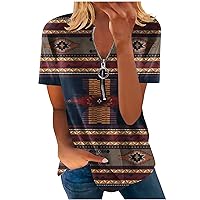 Zipper Western Shirts for Women Floral Printing Loose Tops Tees Short Sleeves Vneck Tunic Blouse Fitted Working Clothes