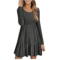 Womens Winter Knit Ribber A-Line Dress Ruffle Hem Crewneck Long Sleeve Mini Dresses Fashion Casual Solid Swing Dress