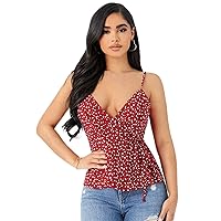 Women's Tops Sexy Tops for Women Shirts Allover Heart Print Wrap Knot Detail Cami Top (Color : Red, Size : X-Small)