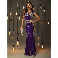 Dresses for Women Women's Dress Appliques Detail Sequin Mesh Formal Dress Dresses (Color : Purple, Size : X-Large)