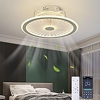 Bladeless Ceiling Fan with Lights，62W Low Profile Flush Mount Ceiling Fans with Light and Remote, 6 Speeds Dimmable LED 1H/2H Timing Enclosed Ceiling Fans with Light 19