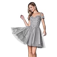 Maxianever Plus Size Homecoming Dresses Sparkly Sweetheart for Teens Lace Appliques Short Tulle Formal Backless Prom Dresses Silver Grey US20W