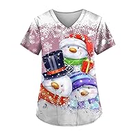Christmas Scrub Tops Women Trendy V Neck Holiday Shirts Xmas Print Medical Nurse Workwear Uniform with Pocket