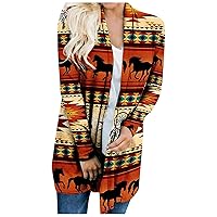 Oversized Fall Long Sleeve Robe for Women Classic Run Cool Aztec Collarless Pocket Loose Fitting Cotton