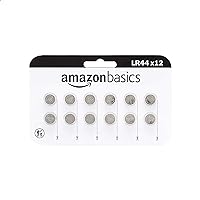 Amazon Basics 12 Pack LR44 1.5 Volt Alkaline Button Cell Battery, Long Lasting Power in Child Resistant Packaging