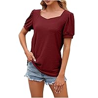 Sweetheart Neckline Eyelet Tops for Women Dressy Casual Puff Short Sleeve Basic Tunic T Shirts Ladies Summer Elegant Blouses