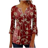 Floral Tops for Women, Ladies Top Day Print V-Neck Short Sleeve Button T-Shirt